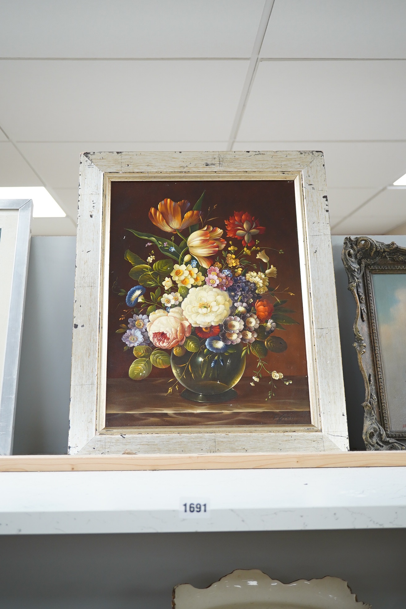 Florian Grass, oil on canvas, Still life of flowers in a glass vase, signed, 39 x 29cm. Condition - good